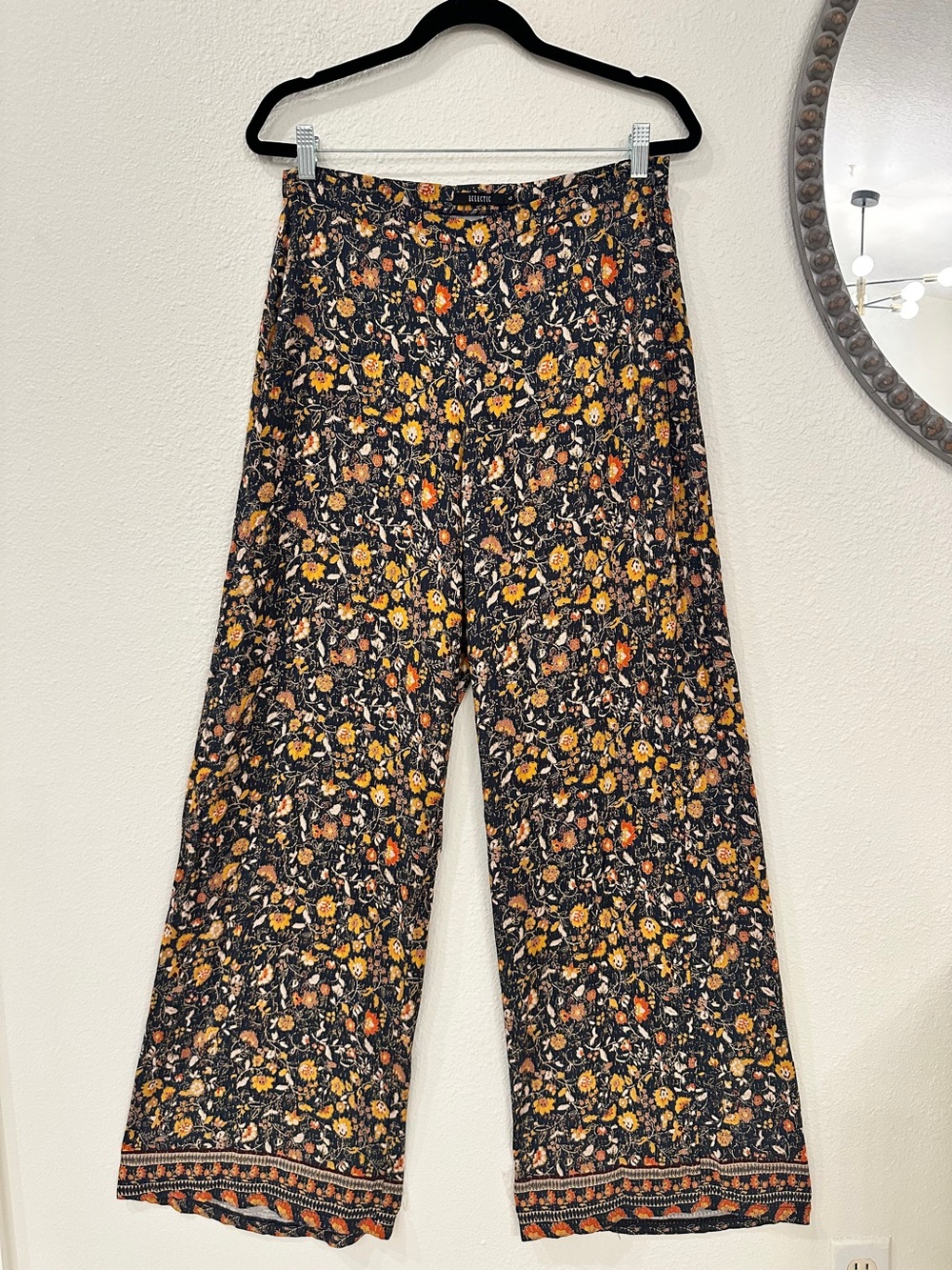 Blue & Mustard Yellow High Rise Floral Pattern Wide-Leg Pants